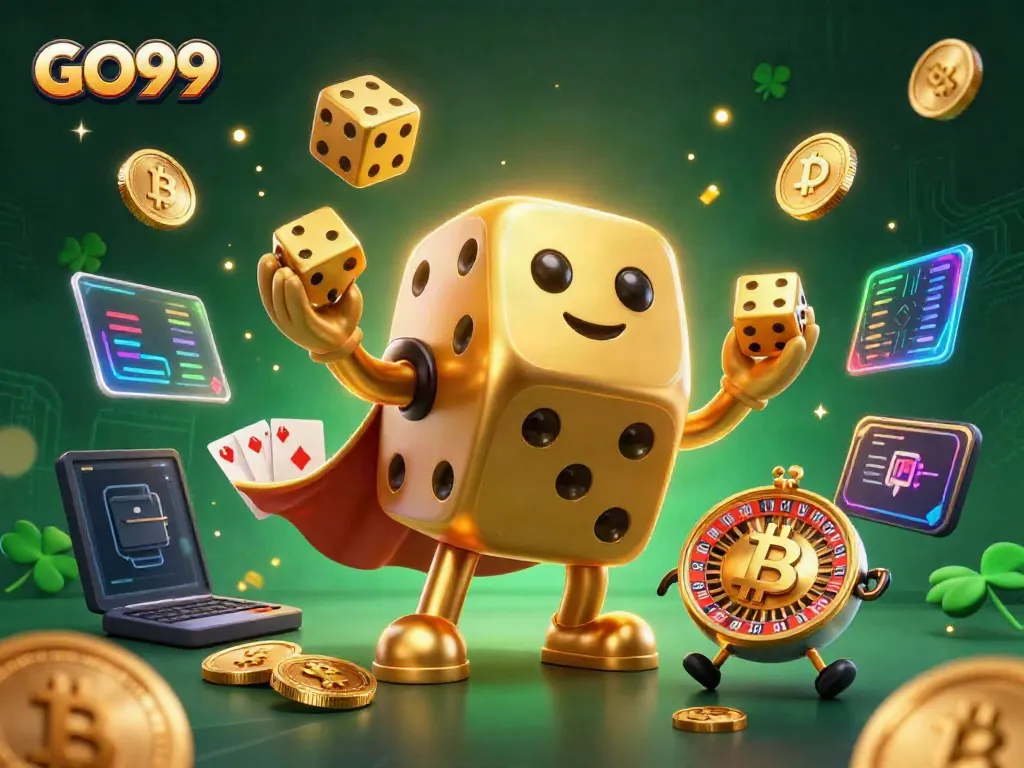 Engage in the GO99 casino experience with dynamic illustrations of golden dice golem and lively game elements.