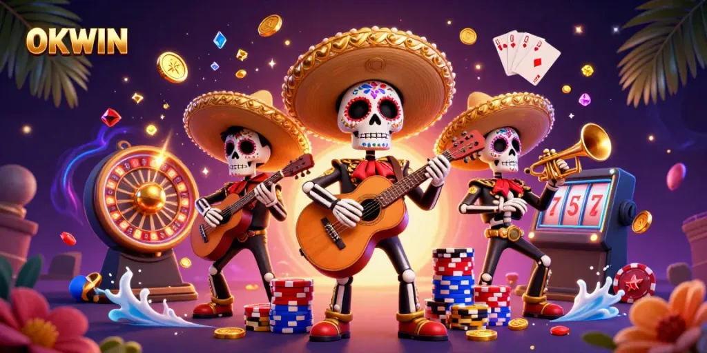 Experience vibrant entertainment at OKWIN with a lively mariachi band surrounded by casino elements.