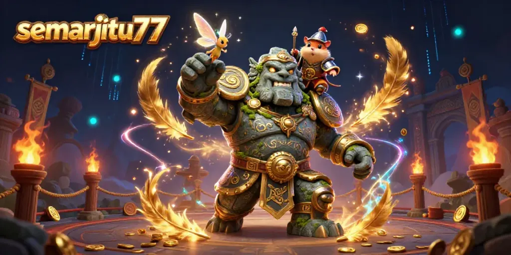 Ilustrasi 3D semarjitu77 tampilkan penjaga golem batu kuno dan peri sihir dalam suasana kasino.