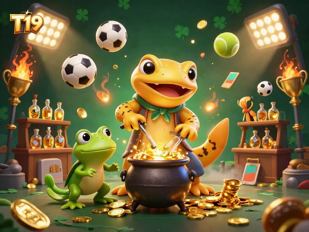 Experience the thrill of T19 with a golden salamander alchemist transforming metals into coins amidst sports elements.
