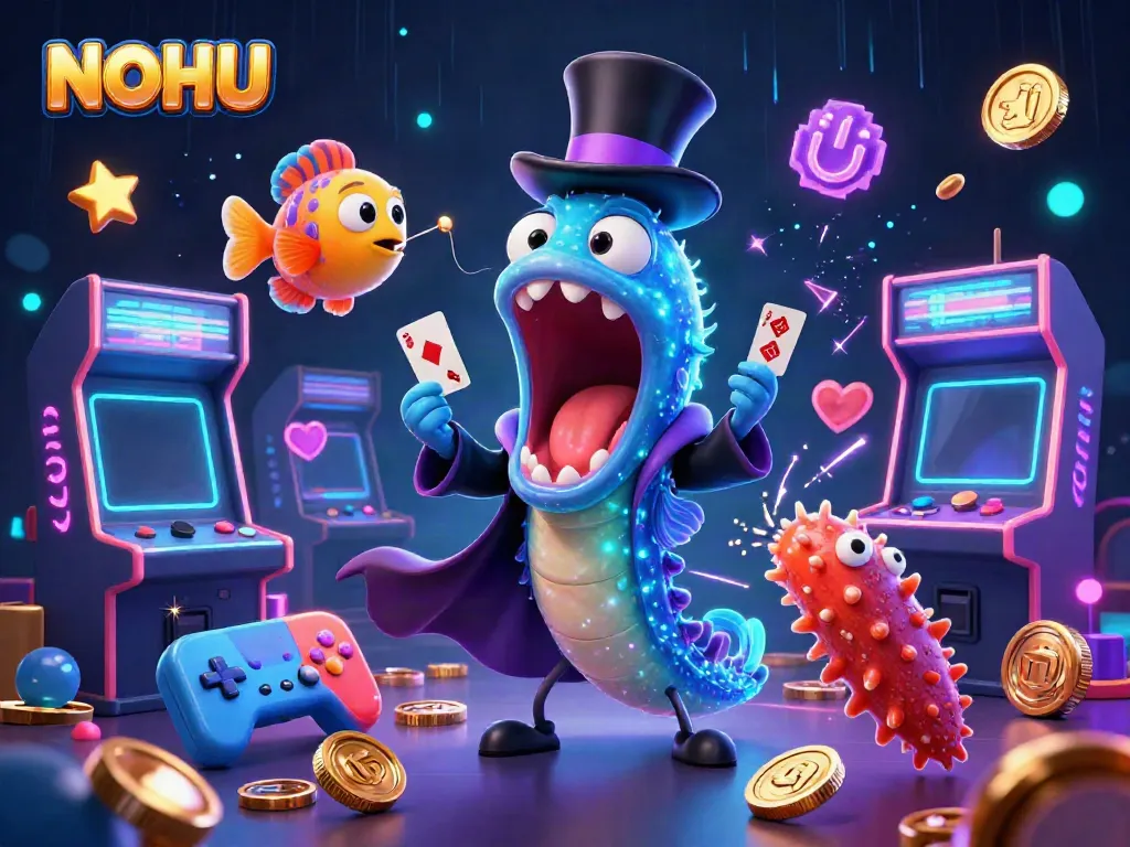 Experience entertaining magic tricks with NOHU featuring an eel, anglerfish, and sea cucumber amidst bright casino-themed game elements.