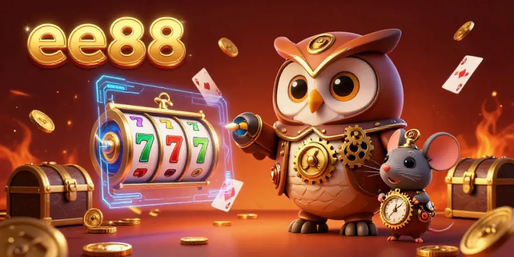 Engage with ee88's vibrant casino experience, featuring a steampunk owl and dazzling slot elements.