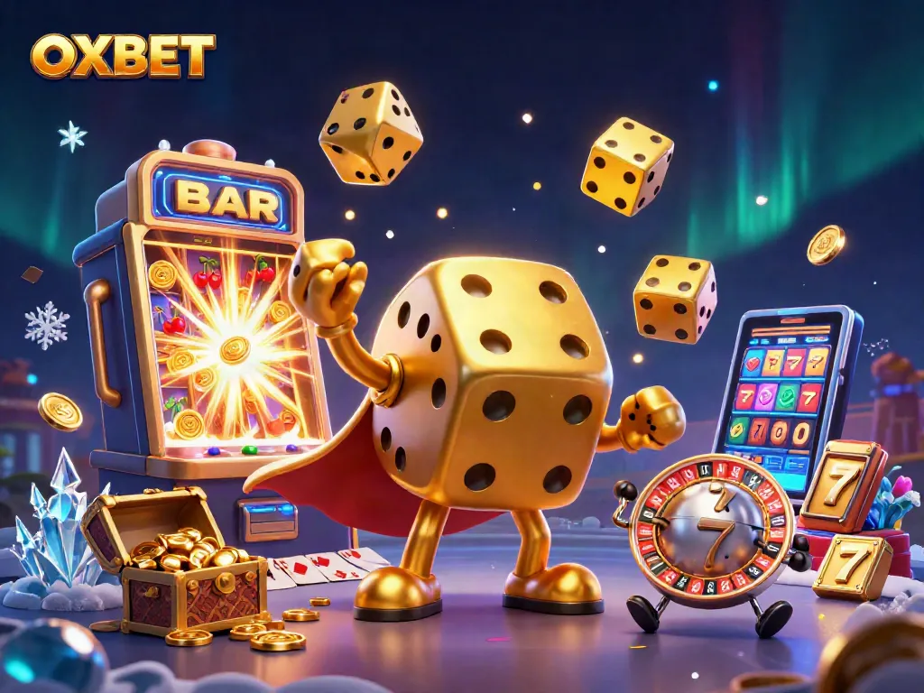 OXBET presents a vibrant 3D illustration featuring golden dice, slot machines, and a roulette head companion in a lively casino scene