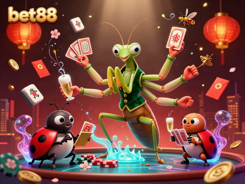 Experience excitement at bet88 with vibrant 3D casino illustration featuring a unique card sharp and a ladybug pit boss.