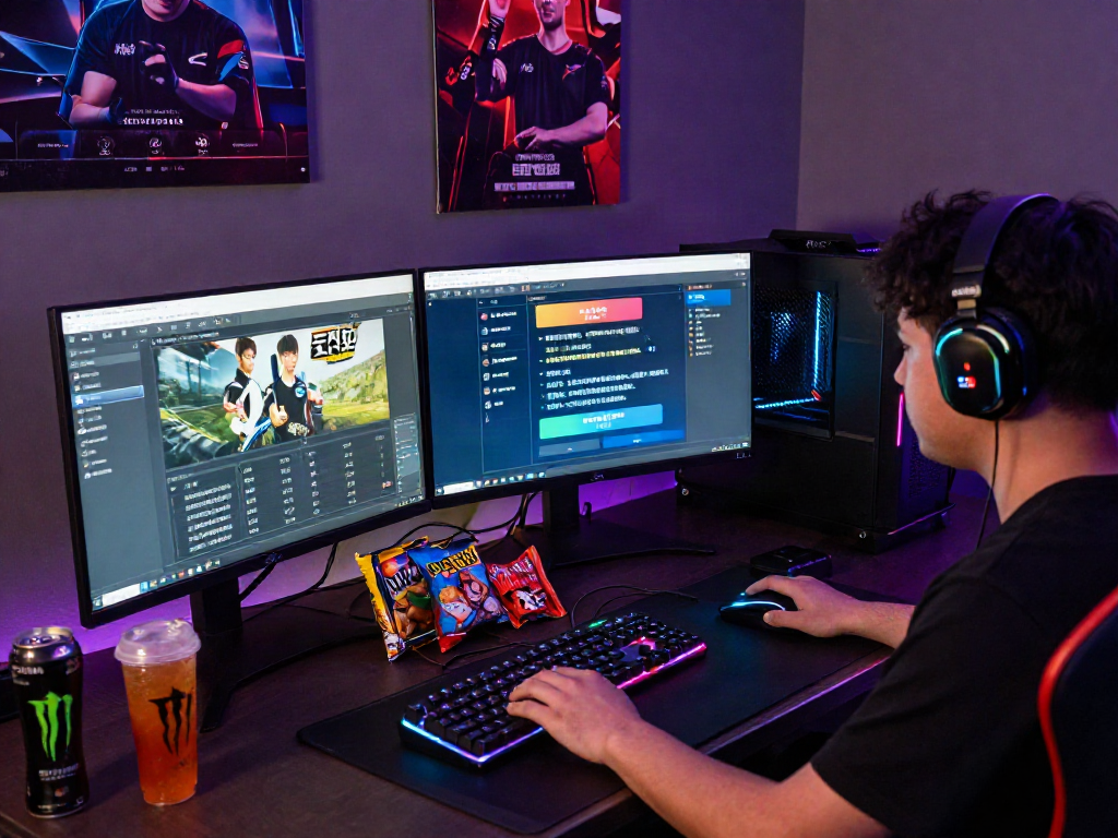 Engaging scene of a gamer focused on a laptop showing 먹튀검증 추천 먹튀스팟 with colorful lighting and gaming accessories.