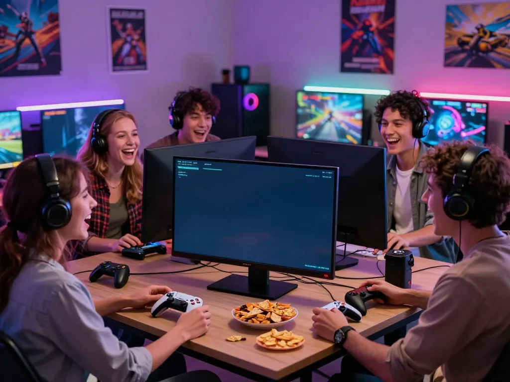 Friends enjoying a thrilling multiplayer gaming session with kilat404, surrounded by snacks and colorful LED lighting.