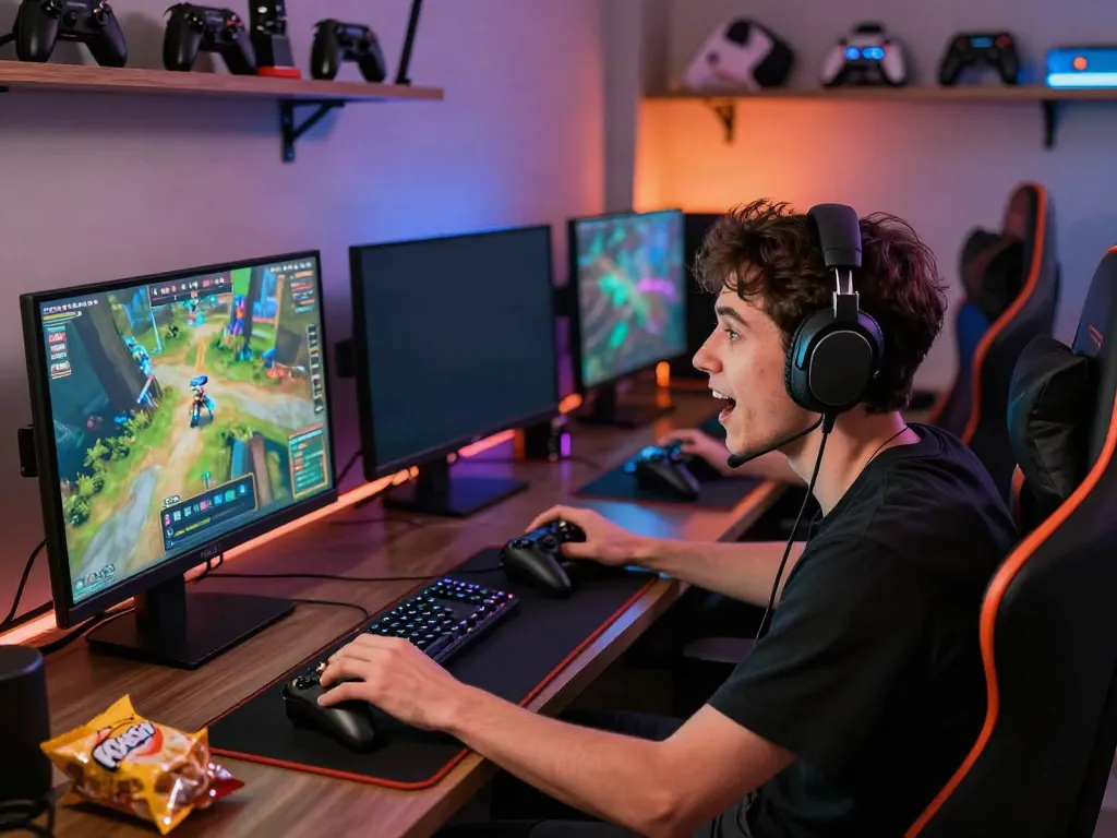 Player engaged in tusuk88 online gaming with multiple screens and vibrant graphics.