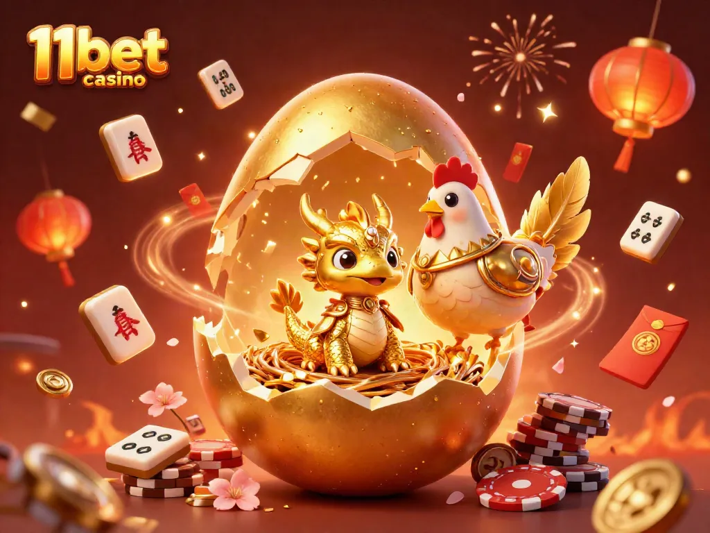 Experience the excitement of 11bet casino with a golden dragon emerging from a nest of poker chips.