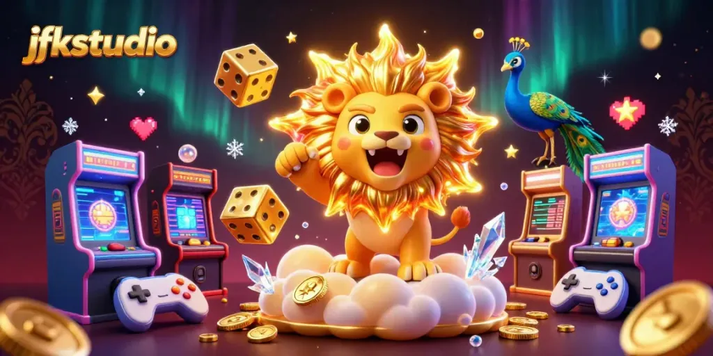 Experience thrilling action with jfkstudio's vibrant casino-inspired 3D illustration of a majestic lion and golden dice.