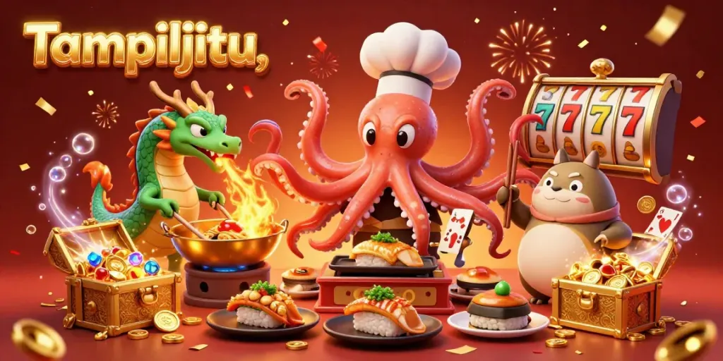 Tampiljitu's vibrant casino scene with a sushi chef octopus, dragon, and tanuki crafting golden dishes.