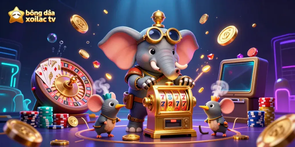 Bet on bóng đá trực tuyến xoilac tv with a lively steampunk casino scene illustrating excitement and winnings.