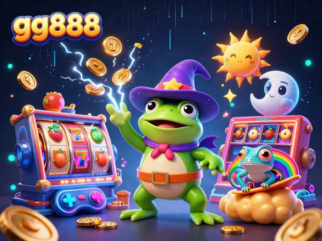 Spin the reels at gg888 with a storm of coins and vibrant casino elements in an eye-catching 3D scene.