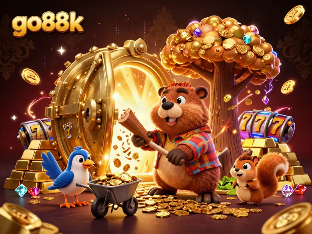 Experience the vibrant go88k adventure with a beaver collecting golden coins at a lively online casino.