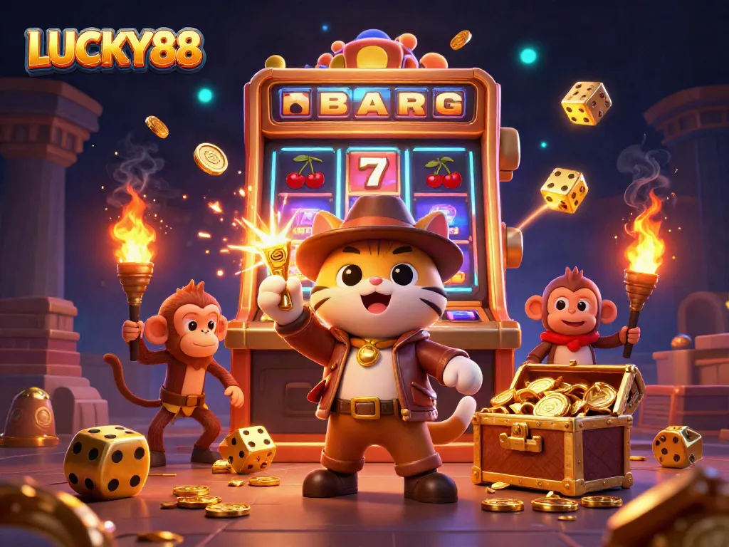 Engage with LUCKY88's exciting atmosphere as a cartoon explorer cat uncovers casino treasure.