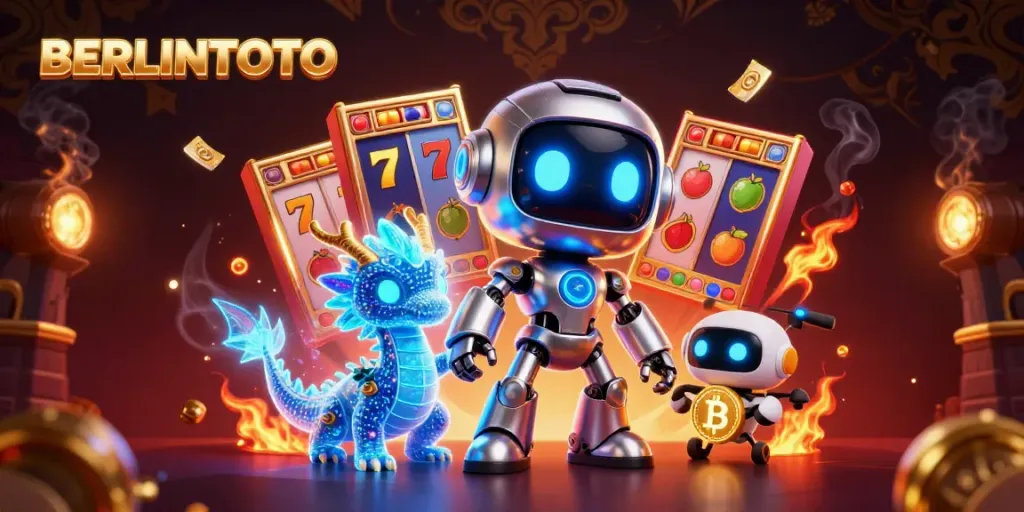 Experience the thrill of BERLINTOTO with vibrant slot machines and engaging game elements in a dynamic 3D scene.